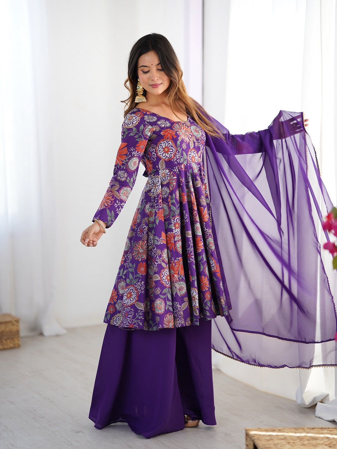 Evanik Purple Pure Romance Silk With Print Kediya With Palazzo Suit - Distacart