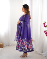 Thumbnail for Evanik Purple Soft Organza Silk With Floral Print Fully Flared Anarkali Pant With Dupatta Set