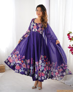 Thumbnail for Evanik Purple Soft Organza Silk With Floral Print Fully Flared Anarkali Pant With Dupatta Set