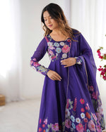 Thumbnail for Evanik Purple Soft Organza Silk With Floral Print Fully Flared Anarkali Pant With Dupatta Set