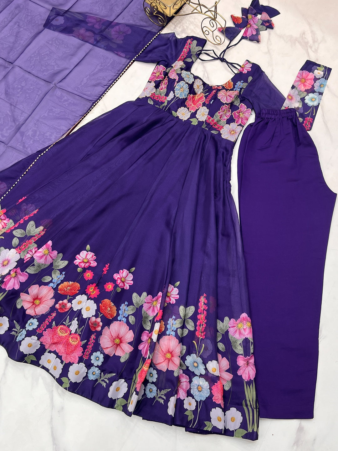 Evanik Purple Soft Organza Silk With Floral Print Fully Flared Anarkali Pant With Dupatta Set