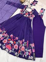 Thumbnail for Evanik Purple Soft Organza Silk With Floral Print Fully Flared Anarkali Pant With Dupatta Set