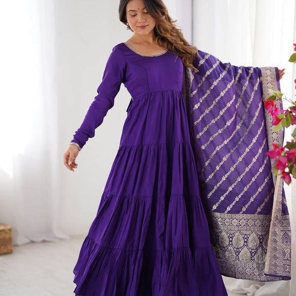 Evanik Purple Pure Roman Silk Chanderi With Fully Flair Anarkali Pant With Dupatta