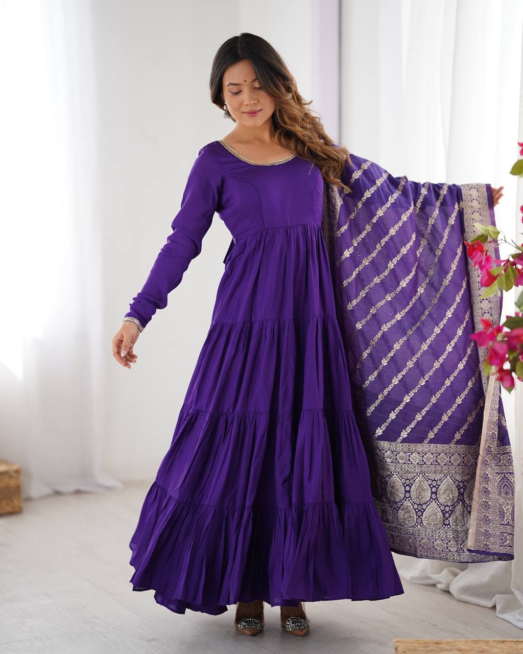 Evanik Purple Pure Roman Silk Chanderi With Fully Flair Anarkali Pant With Dupatta - Distacart
