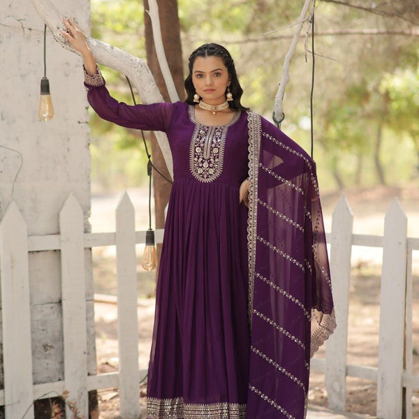 Evanik Purple Faux Blooming Gown with Dupatta With Attractive Embroidered Sequins work