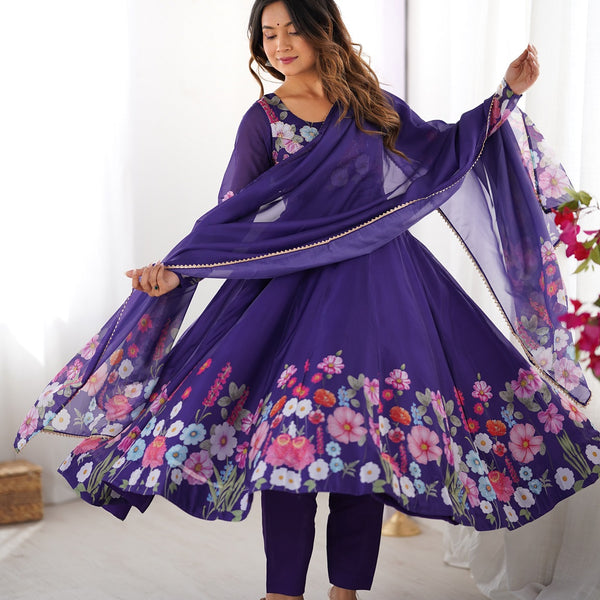 Evanik Purple Soft Organza Silk With Floral Print Fully Flared Anarkali Pant With Dupatta Set