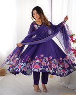 Thumbnail for Evanik Purple Soft Organza Silk With Floral Print Fully Flared Anarkali Pant With Dupatta Set