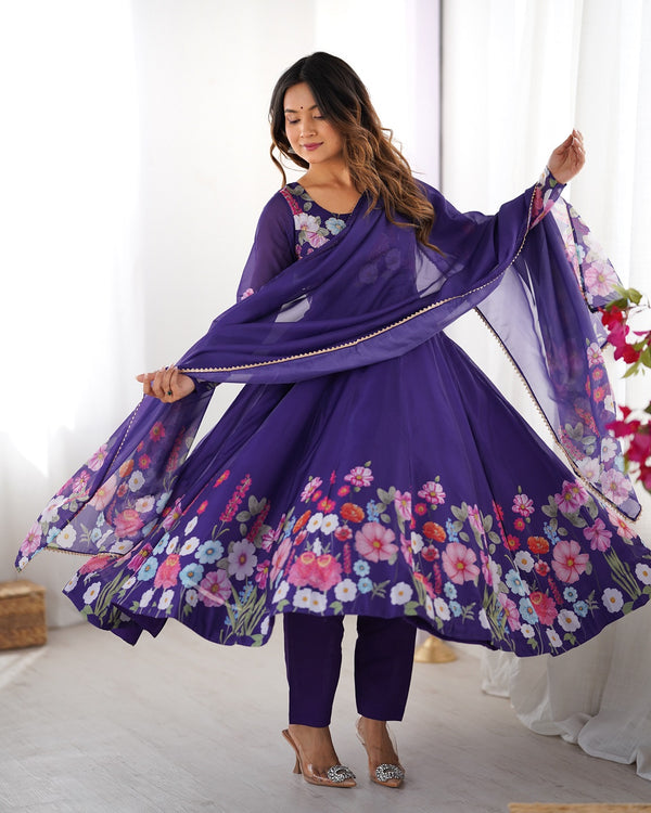 Evanik Purple Soft Organza Silk With Floral Print Fully Flared Anarkali Pant With Dupatta Set