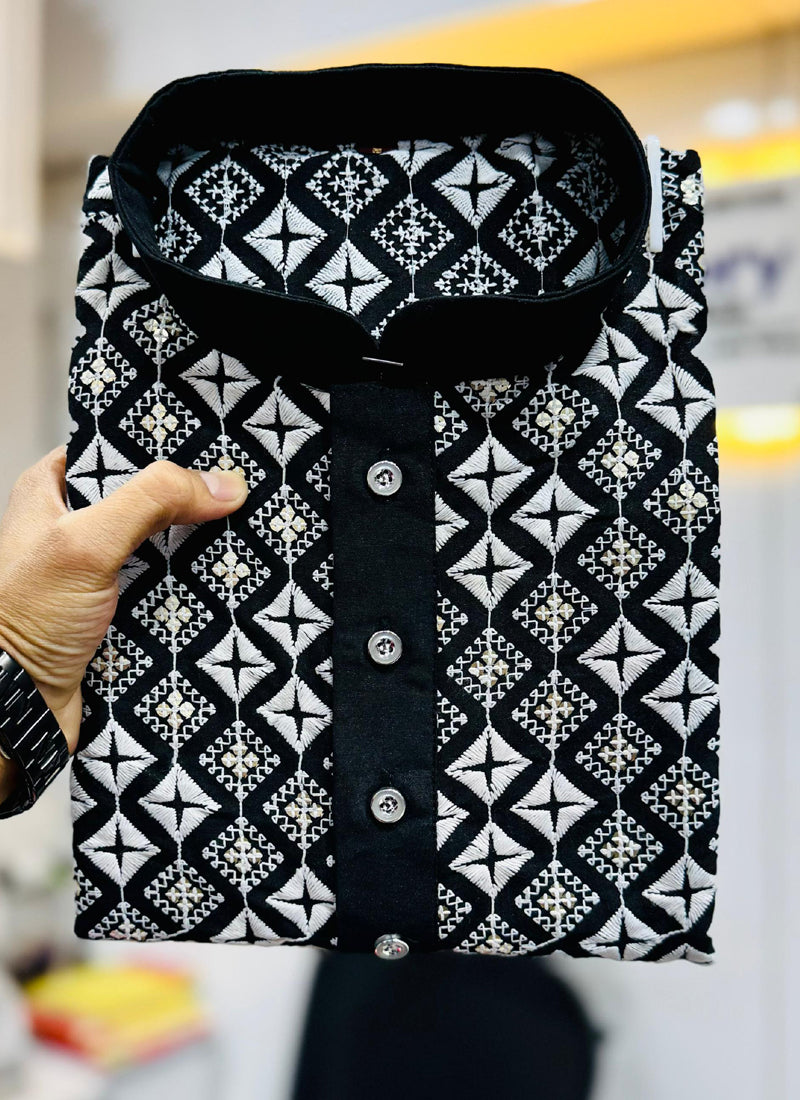 Prazu Fashion Black Silk Embroidered Thread Work Kurta