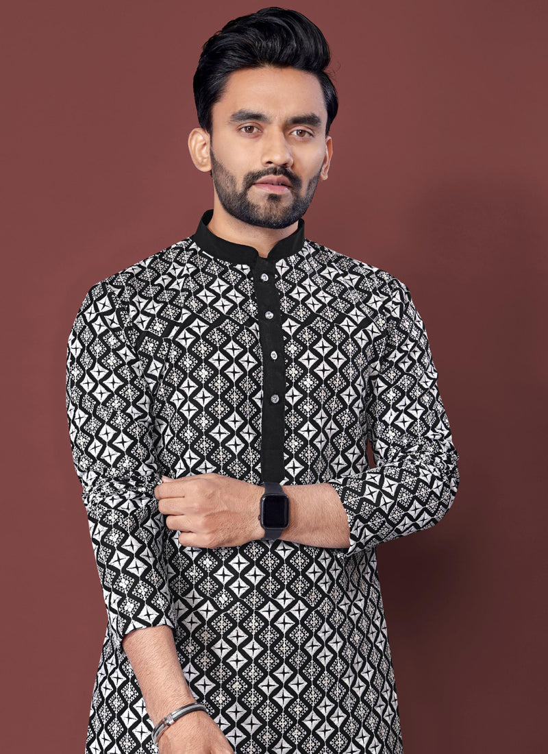 Prazu Fashion Black Silk Embroidered Thread Work Kurta