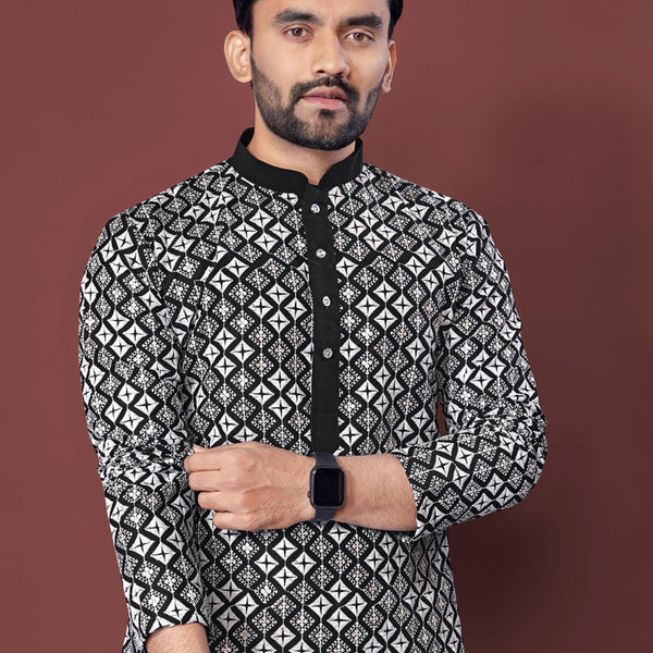 Prazu Fashion Black Silk Embroidered Thread Work Kurta
