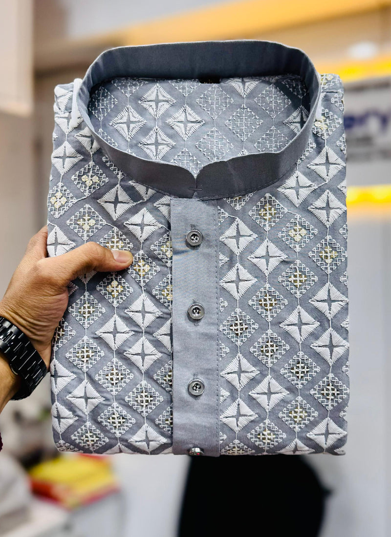 Prazu Fashion Light Grey Silk Embroidered Thread Work Kurta