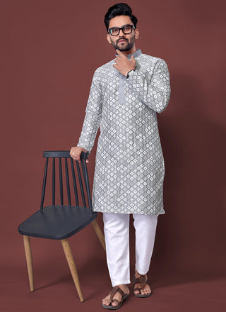 Prazu Fashion Light Grey Silk Embroidered Thread Work Kurta