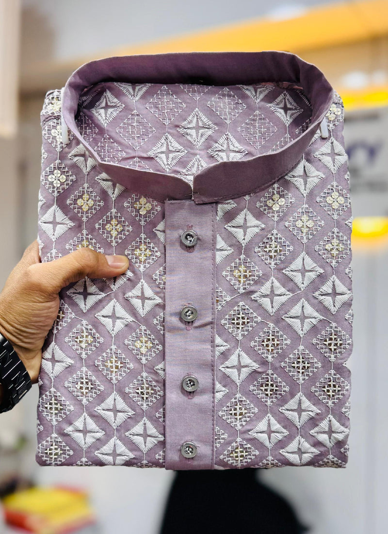 Prazu Fashion Onion Pink Silk Embroidered Thread Work Kurta