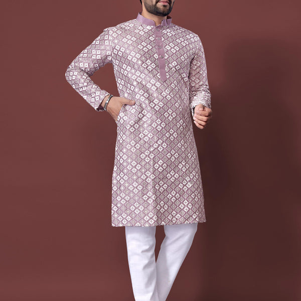 Prazu Fashion Onion Pink Silk Embroidered Thread Work Kurta