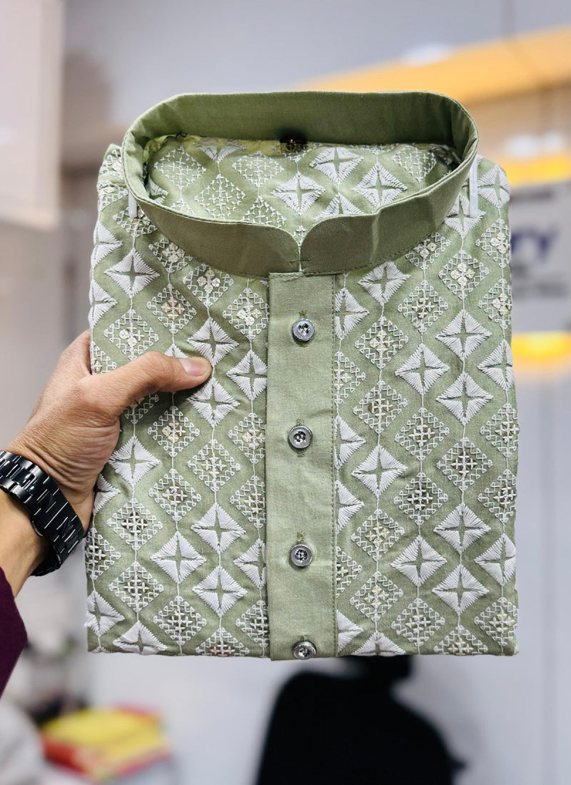 Prazu Fashion Light Pista Silk Embroidered Thread Work Kurta