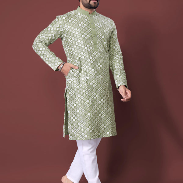 Prazu Fashion Light Pista Silk Embroidered Thread Work Kurta