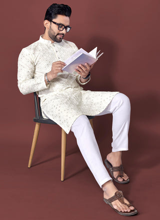 Prazu Fashion Off White Silk Embroidered Thread Work Kurta