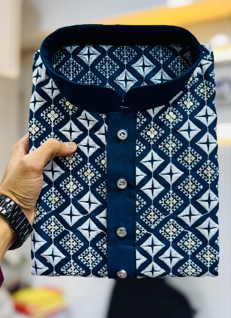 Prazu Fashion Royal Blue Silk Embroidered Thread Work Kurta