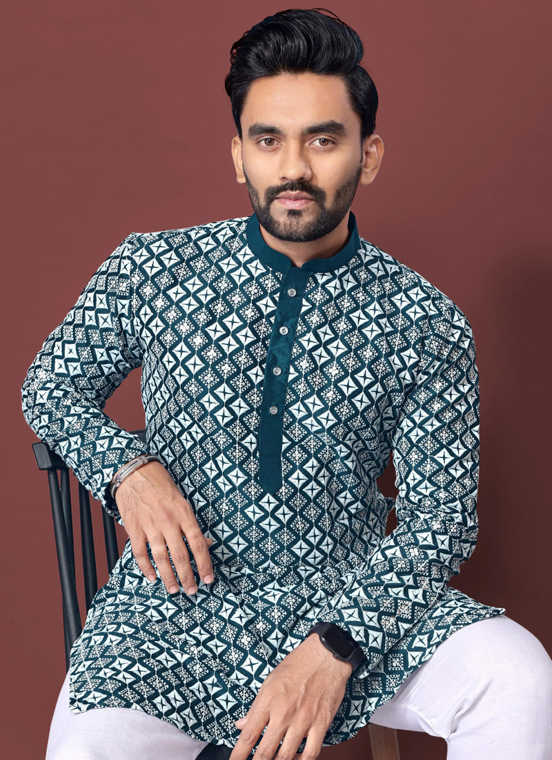 Prazu Fashion Royal Blue Silk Embroidered Thread Work Kurta