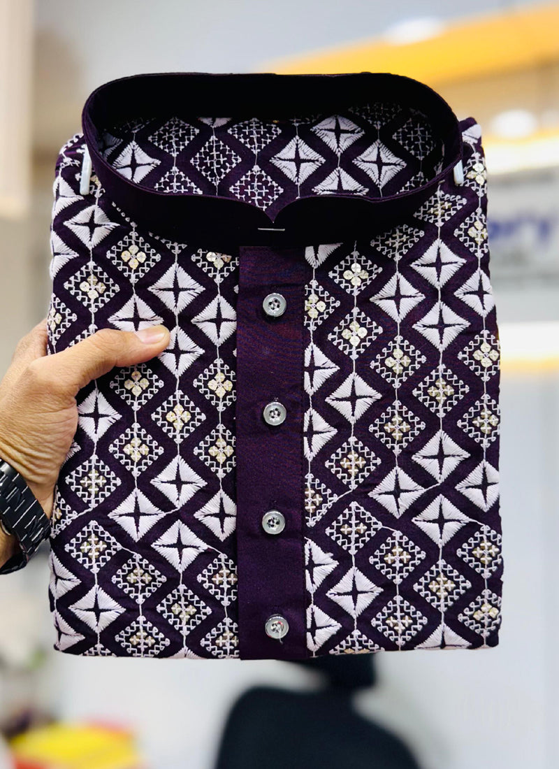 Prazu Fashion Wine Silk Embroidered Thread Work Kurta