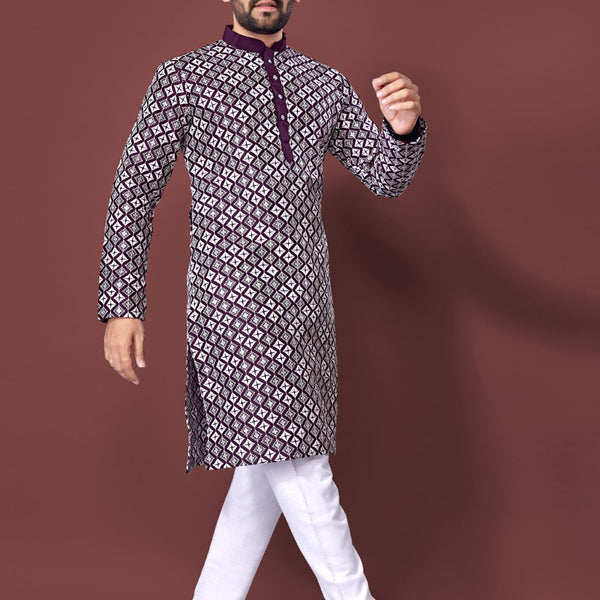 Prazu Fashion Wine Silk Embroidered Thread Work Kurta