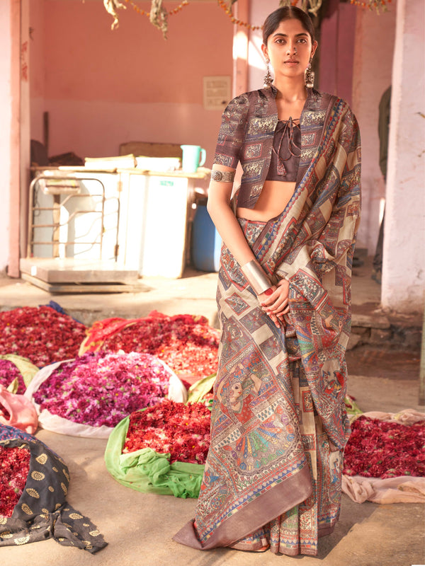 NOZ2TOZ Women's Silk Blend Beige Printed Designer Saree With Blouse Piece - Distacart