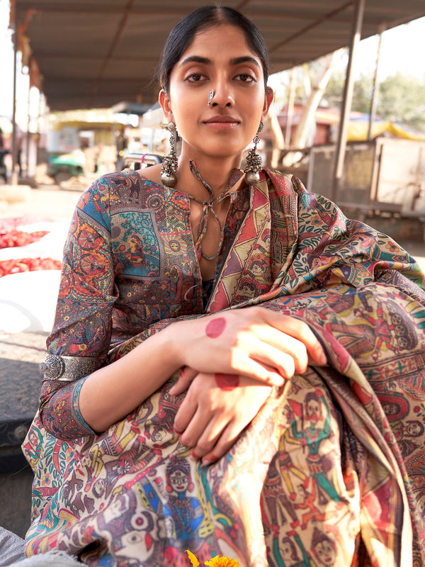 NOZ2TOZ Women's Silk Blend Beige Printed Designer Saree With Blouse Piece - Distacart