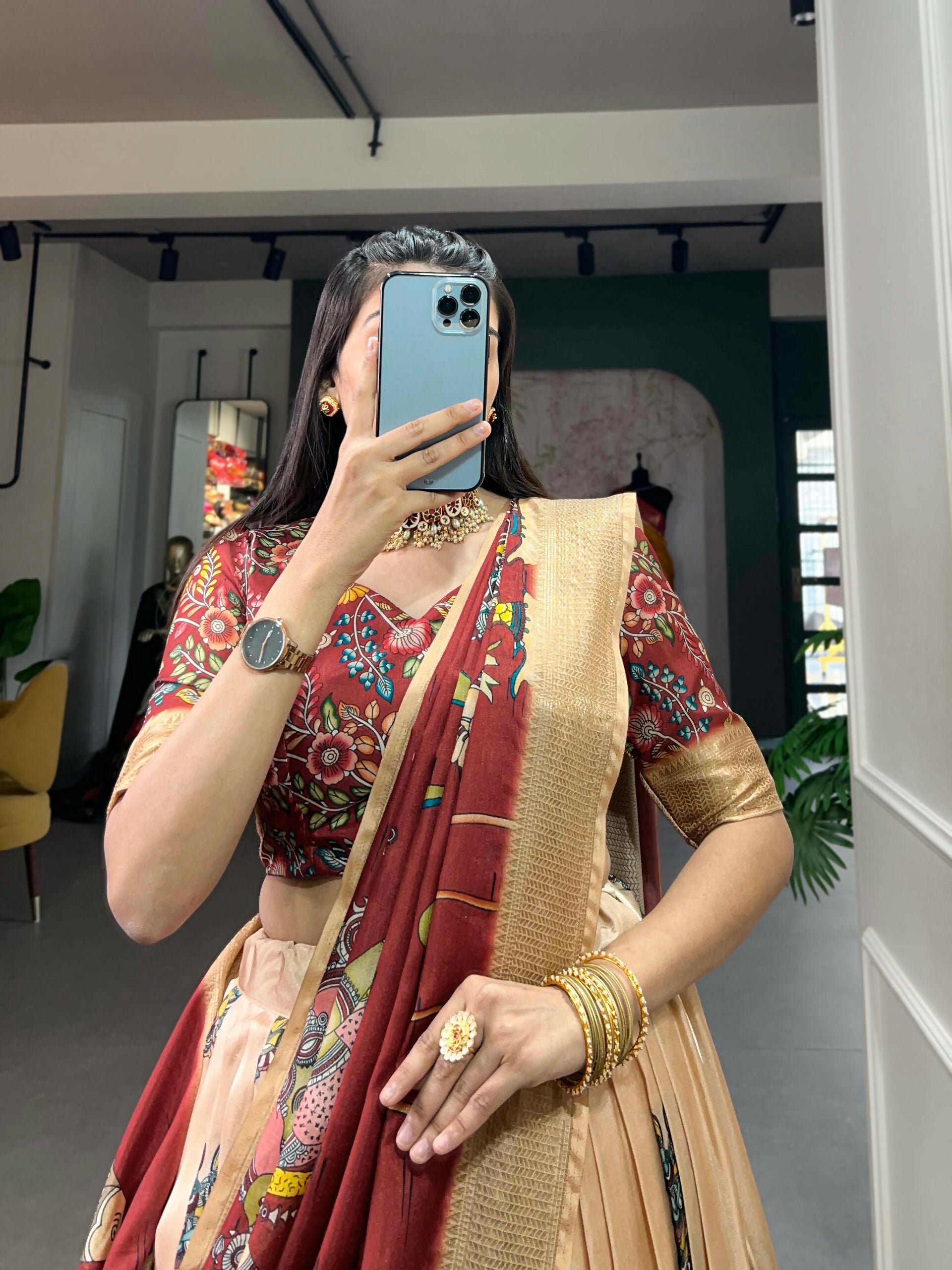 Vastranavya Kalamkari Print With Weaving Border Lehenga with Unstitched Blouse - Cream - Distacart