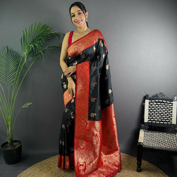 Joban Fashion Banarasi Black Woven Butti Soft Silk Saree - Distacart