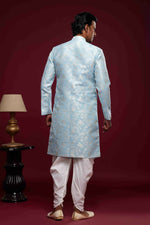Thumbnail for Raivat Ethnic Banarasi Jacquard Embroidery Semi Indo Western Sherwani In Sky Blue Colour