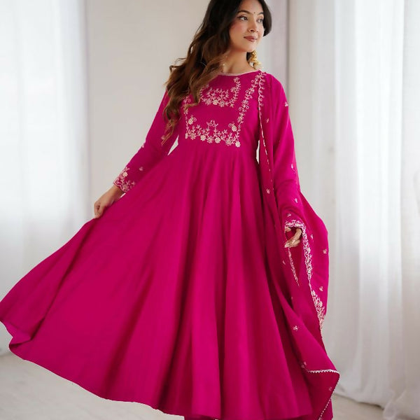 Joban Fashion Dark Pink Kurta Set Chanderi Sequence Embroidery Work
