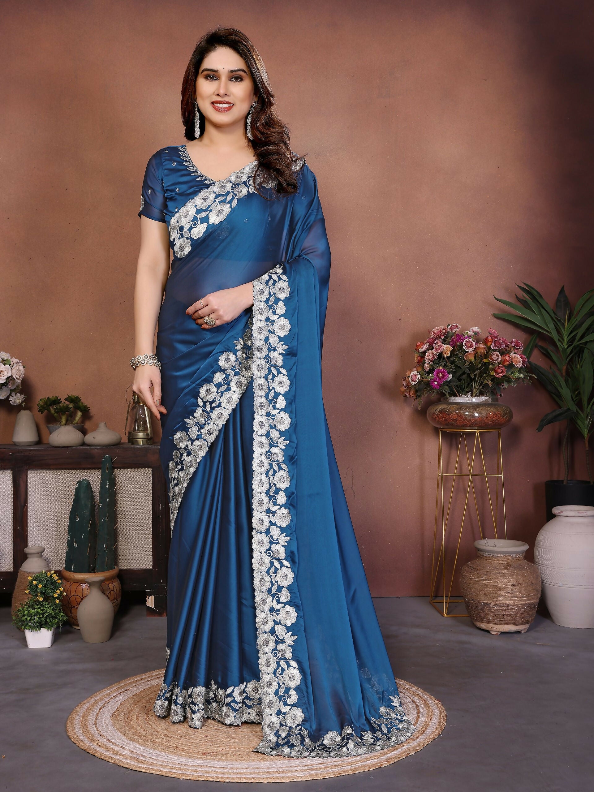 Teeya Creation New Trendy Stylish Party Wear Silk Saree-Blue - Dista