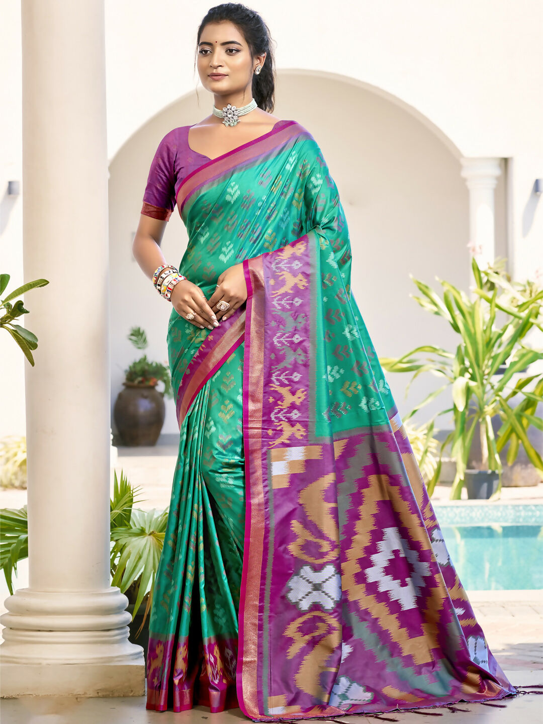 Astita Pochampalli Silk Rama Green Saree
