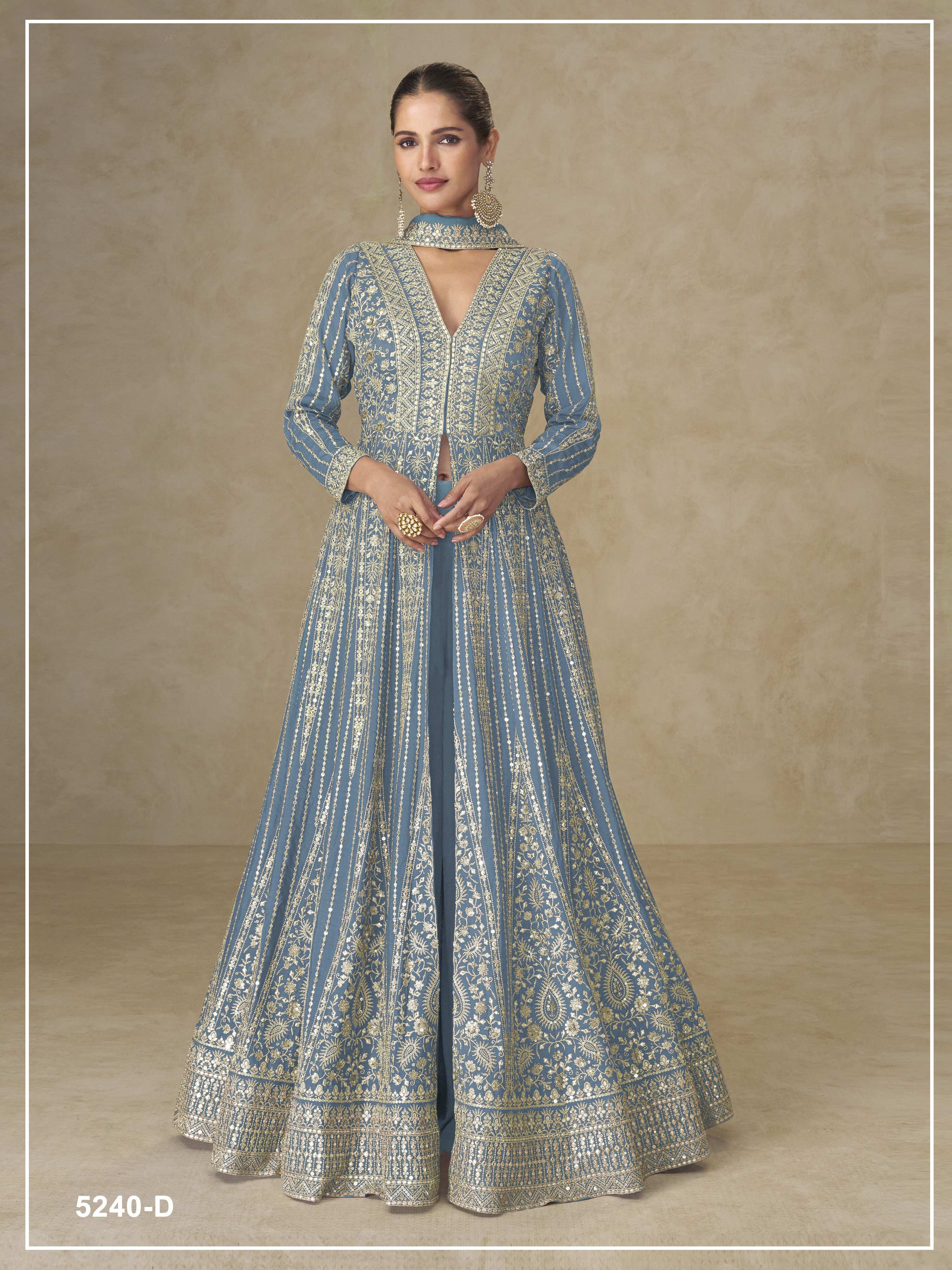Teeya Creation Blue Color Chinon Silk Heavy Embroidery Work Party Wear Long Gown - Dista