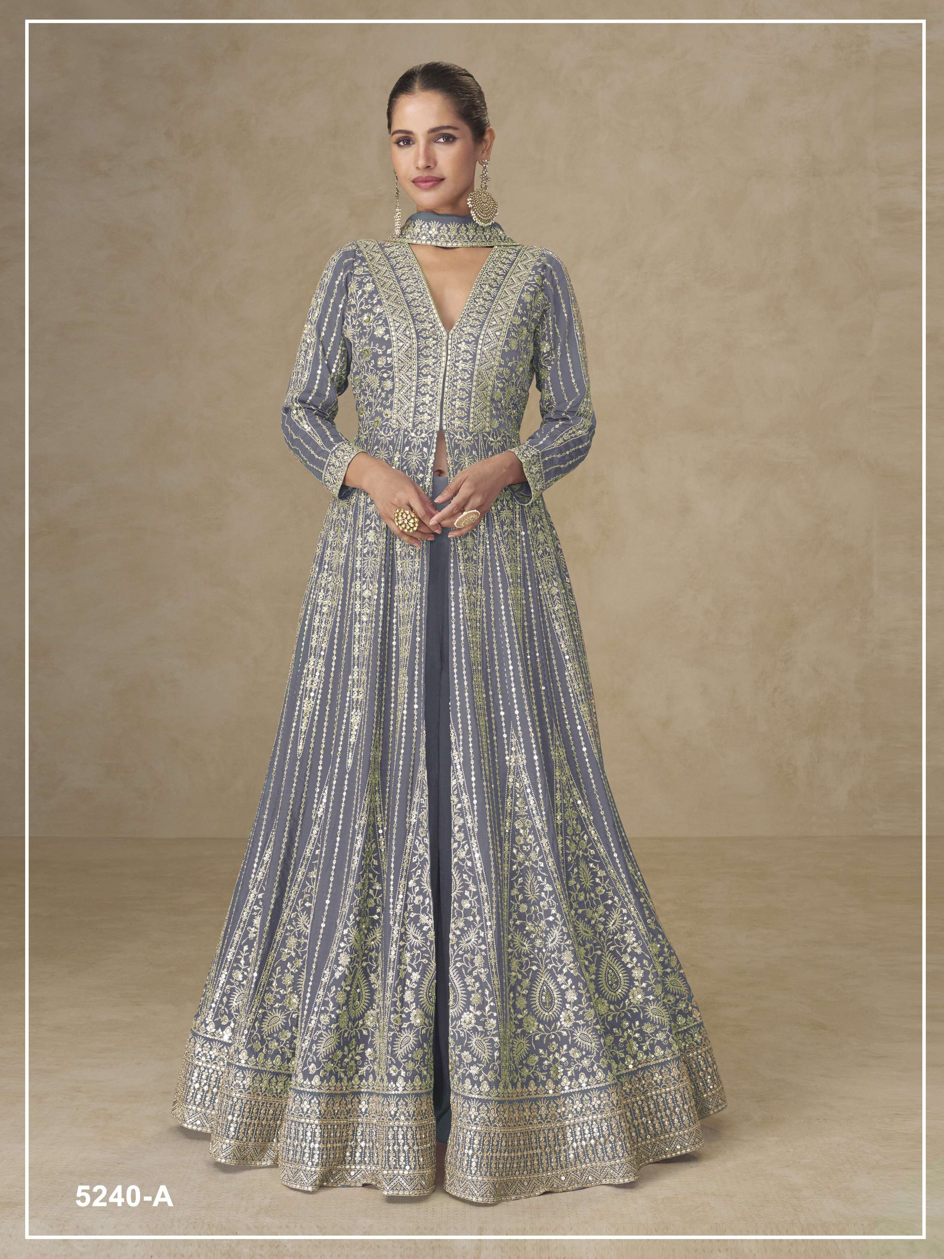 Teeya Creation Lavender Color Chinon Silk Heavy Embroidery Work Party Wear Long Gown - Dista