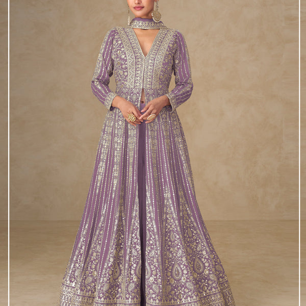 Teeya Creation Onion Color Chinon Silk Heavy Embroidery Work Party Wear Long Gown - Dista