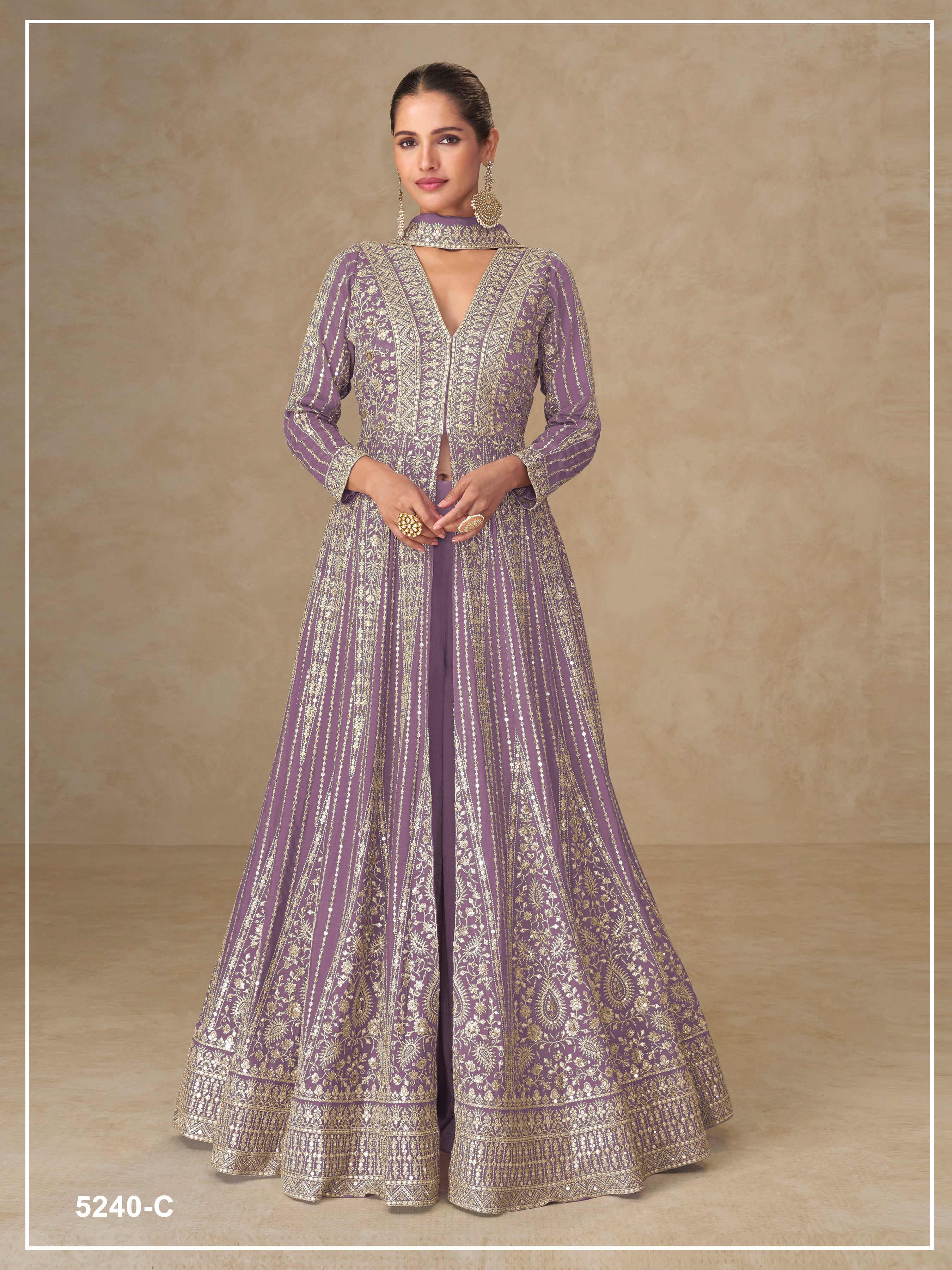 Teeya Creation Onion Color Chinon Silk Heavy Embroidery Work Party Wear Long Gown - Dista