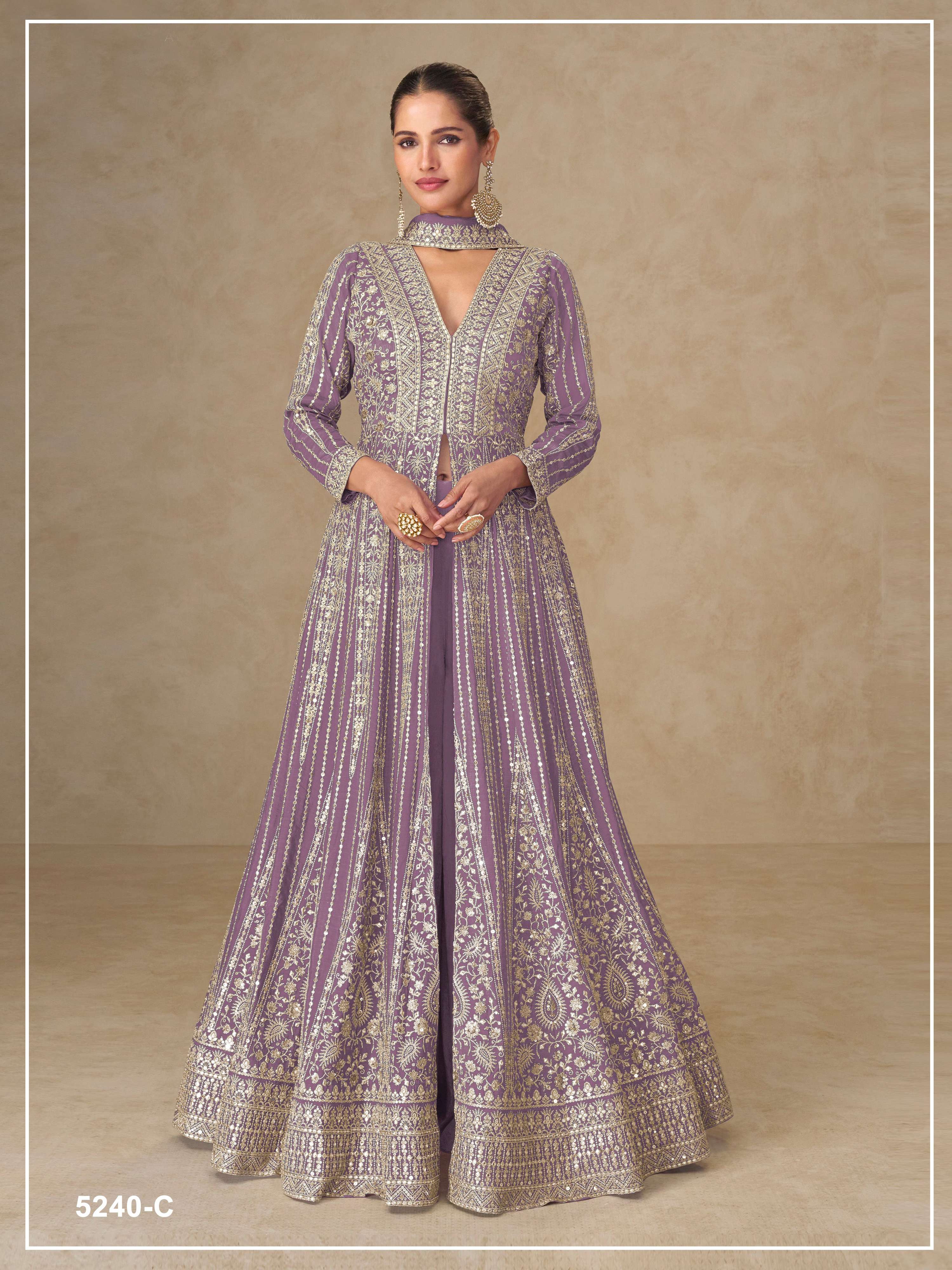 Teeya Creation Onion Color Chinon Silk Heavy Embroidery Work Party Wear Long Gown - Dista