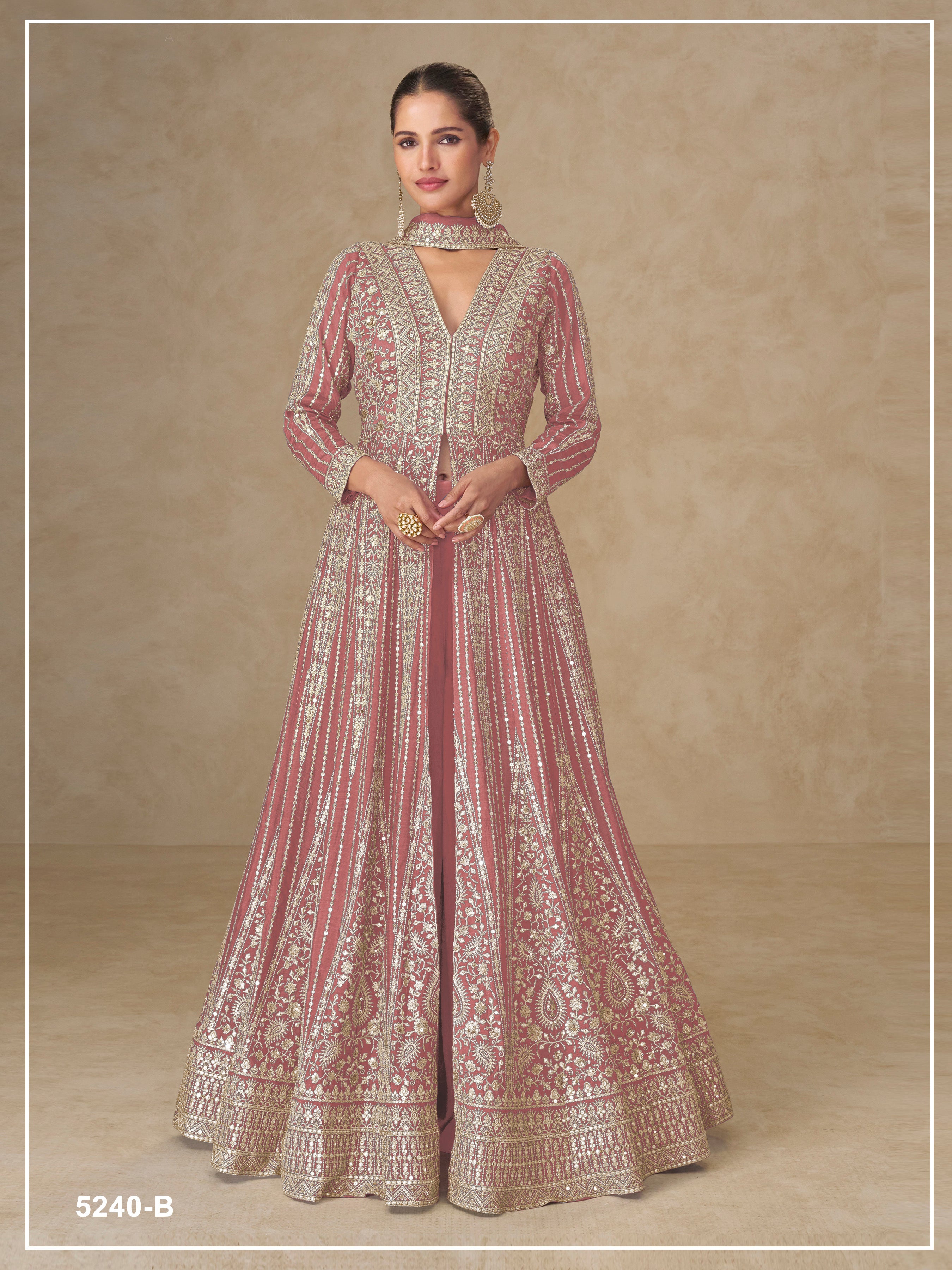 Teeya Creation Peach Color Chinon Silk Heavy Embroidery Work Party Wear Long Gown - Dista