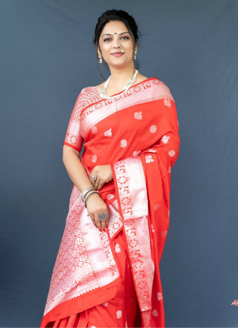 Jyoti Fashion Women's Red Soft Banarasi Silk Zari Woven Saree with Blouse - Distacart