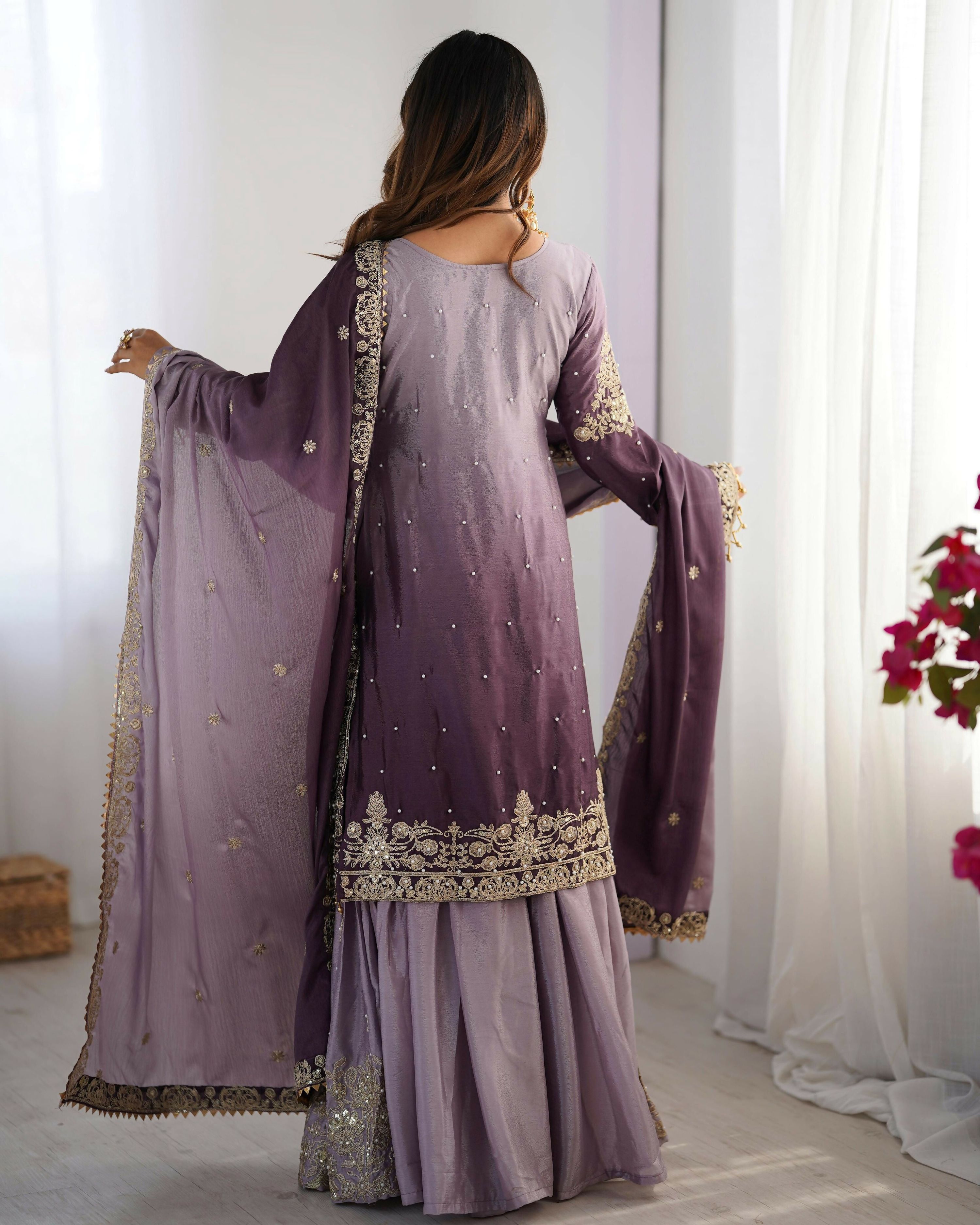 Joban Fashion Lavender Palazzo Chinon silk Coding Dori with Sequence with Rivet Moti
