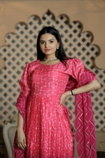 Thumbnail for Jyoti Fashion Women's Pink Muslin Floral Print with Crush Pleating Kurta with Trouser & Dupatta - Distacart