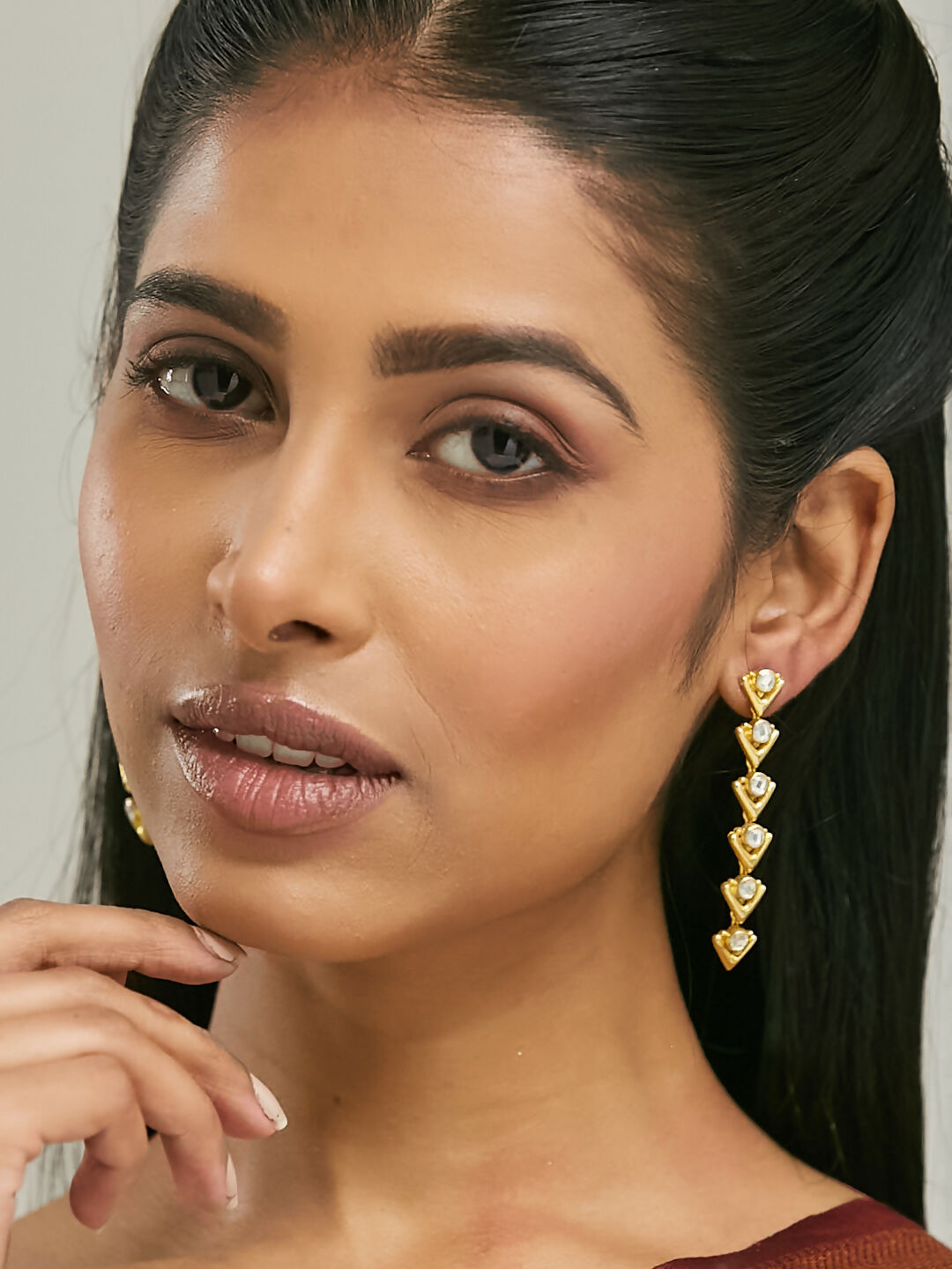 Nuyug 18K Gold-Plated Crystal Stone Studded Triangular Drop Sleek Earrings