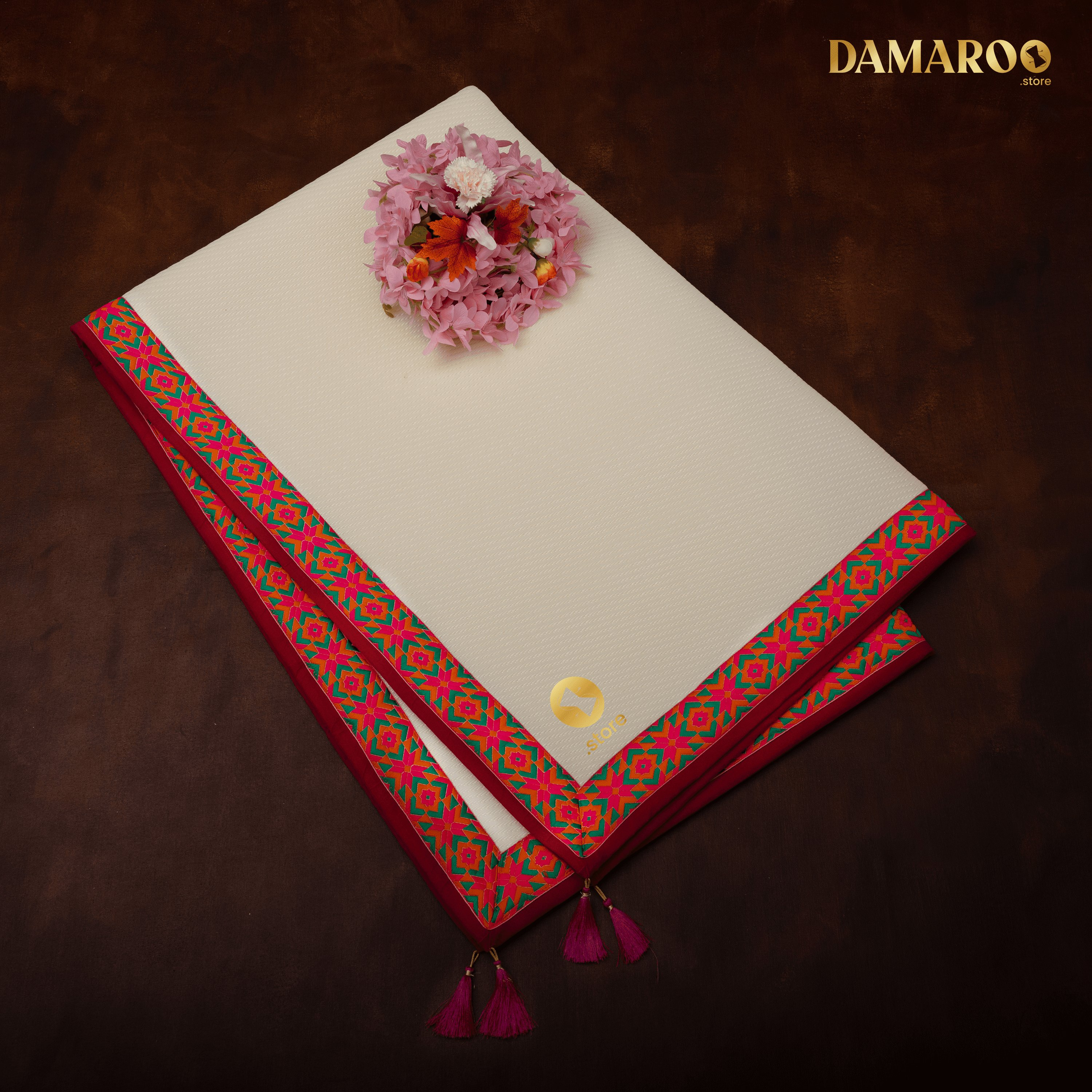 Damaroo 4x6 ft | Ornate Nylon Pooja Mat | Jacquard Pink Trim & Tassels - Cream - Distacart