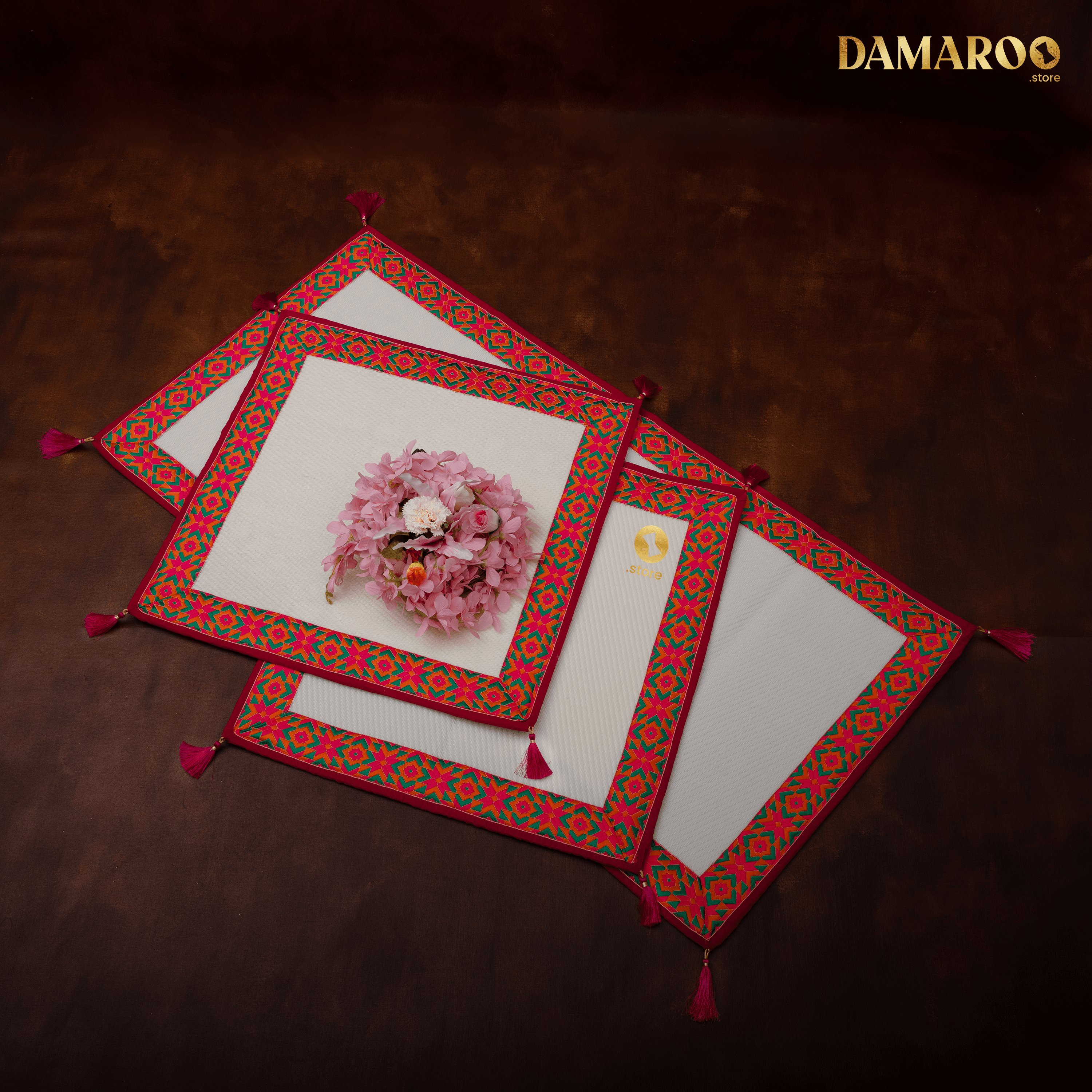 Damaroo Combo Pack of 3 | Ornate Nylon Aasans & Mat | Jacquard Pink Trim & Tassels - Cream - Distacart