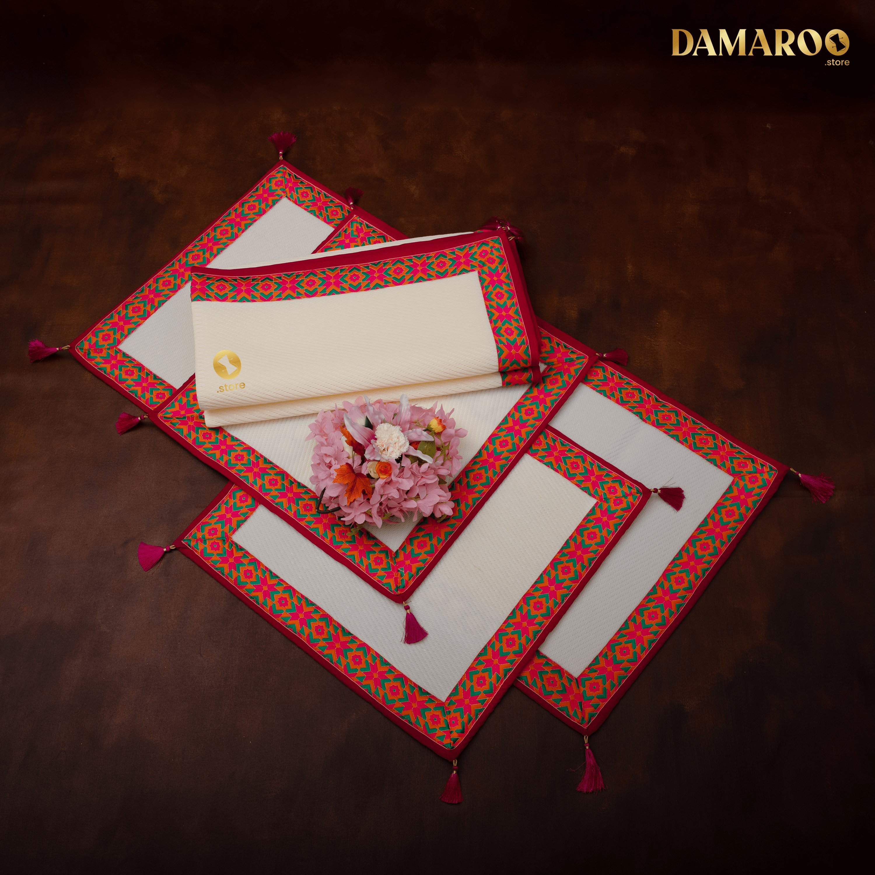 Damaroo Combo Pack of 4 | Ornate Nylon Pooja Aasan & Mat | Jacquard Pink Trim & Tassels - Cream - Distacart
