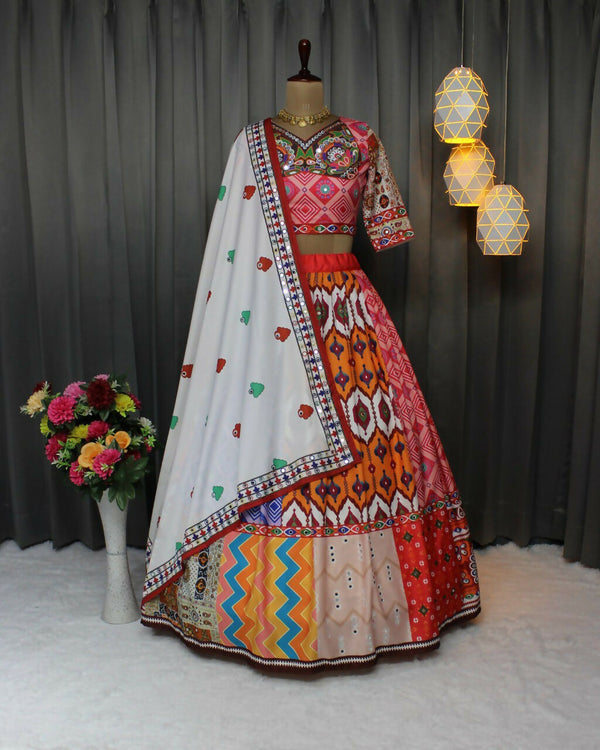 Preksha Creation Soft Butter Silk With Digital Prints Women Lehenga Choli With Real Mirror Work - Red - Distacart