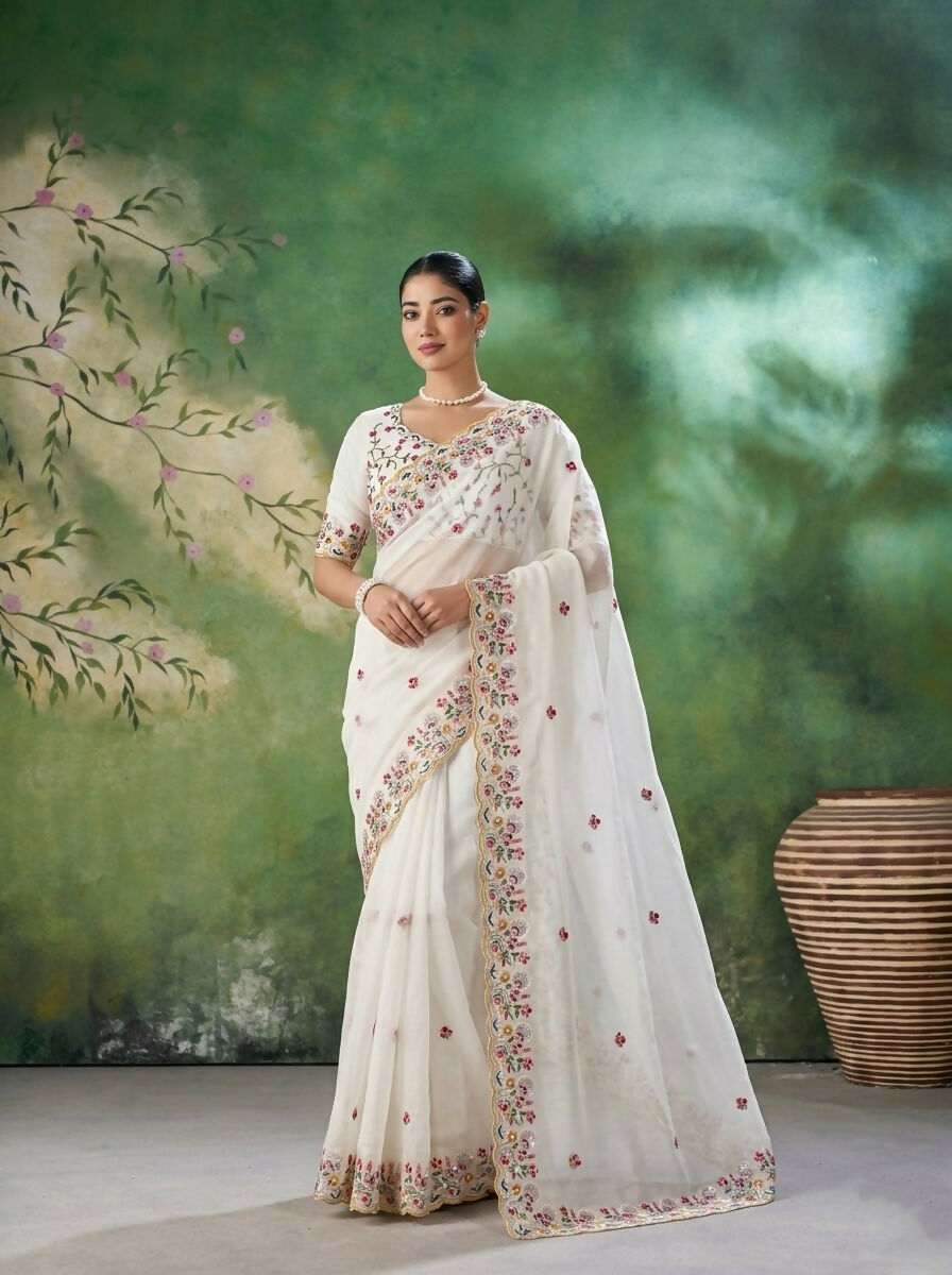 Teeya Creation Womens New Trendy Party Wear Soft Crush Silk Saree-White - Dista