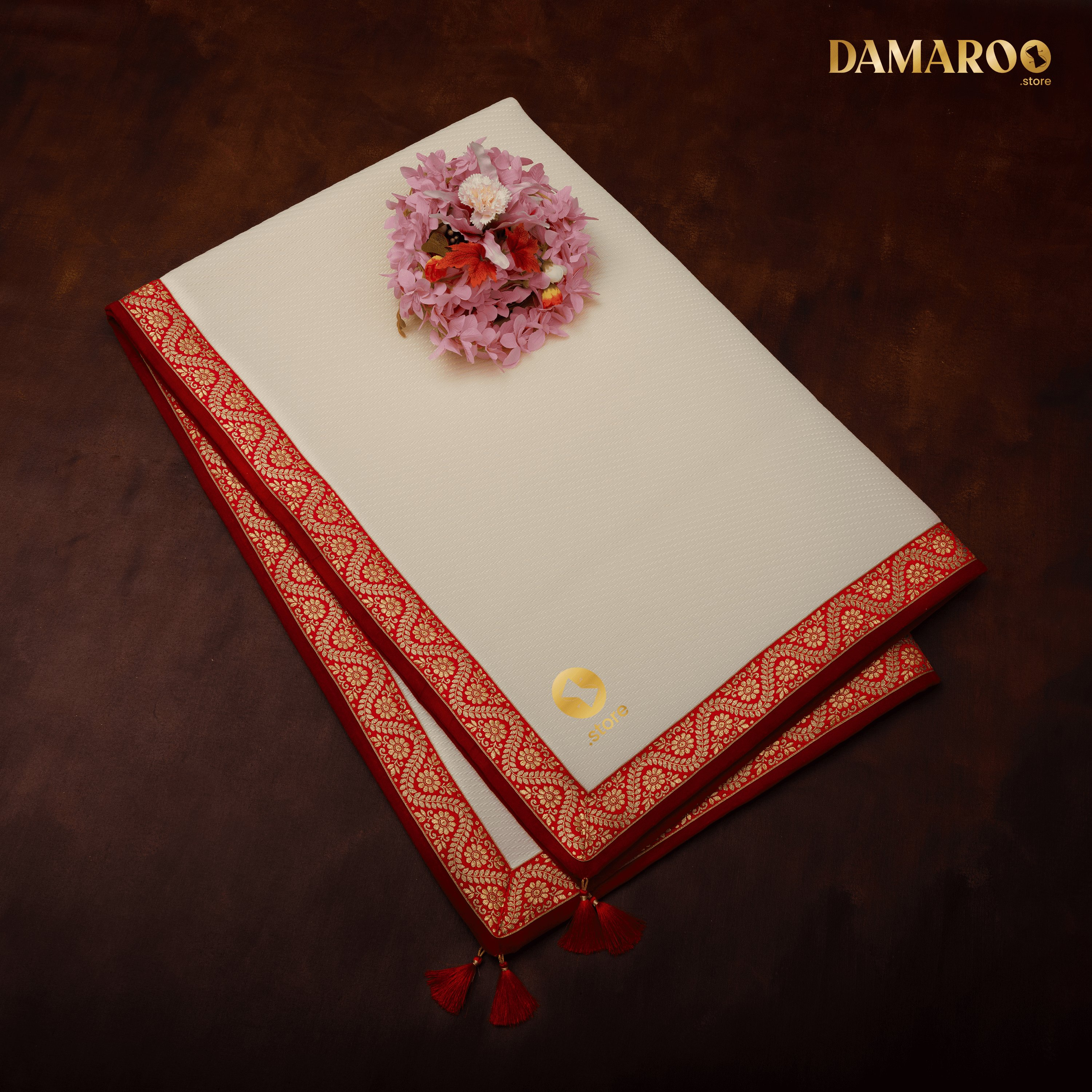 Damaroo 4x6 ft | Graceful Nylon Pooja Mat | Red & Subtle Golden Trim & Tassels - Cream - Distacart